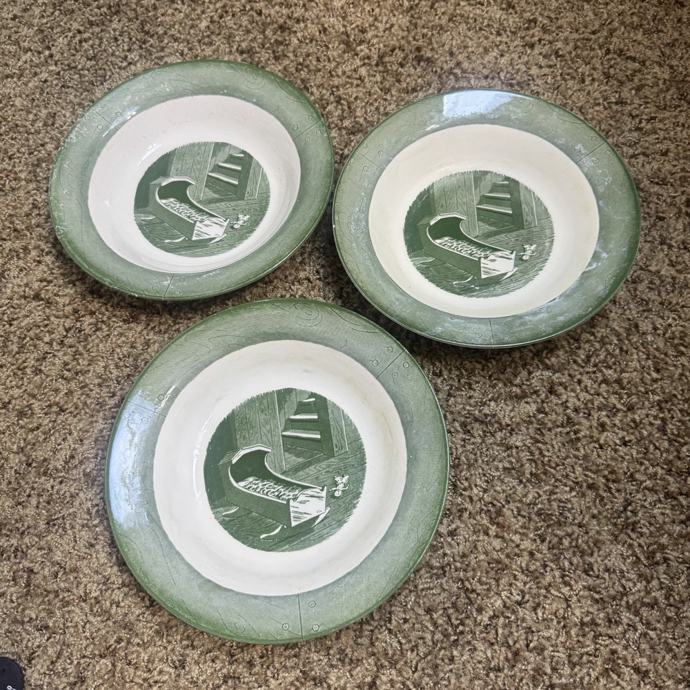 Colonial Homestead by Royal China 8" Bowls Lot Of 3 Green transferware cradle